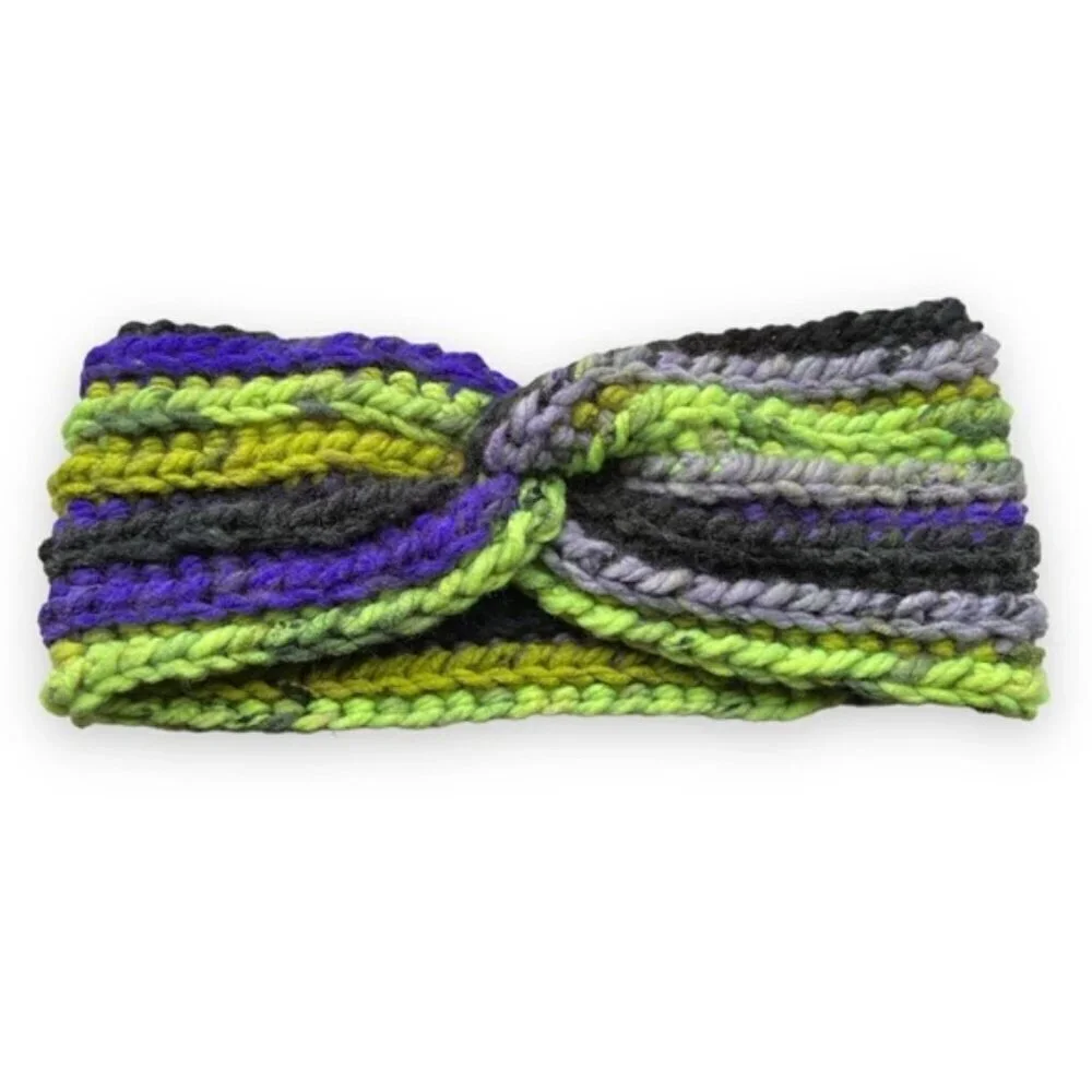 Hand crochet headband green and purple
